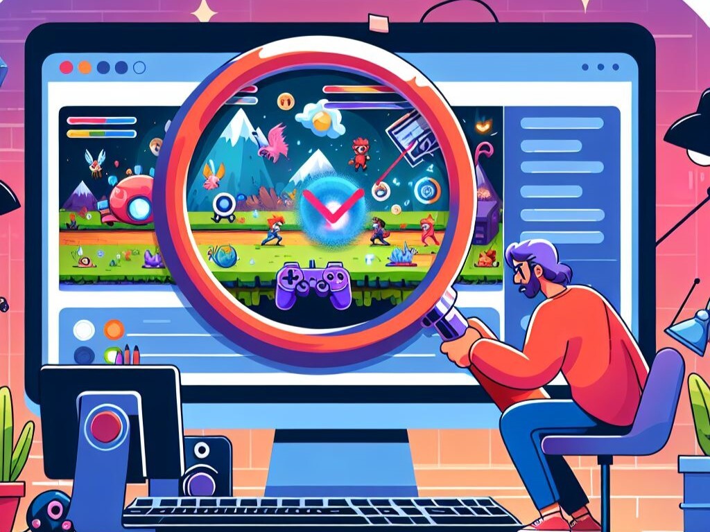 PC画面でゲームのバグを探している男性